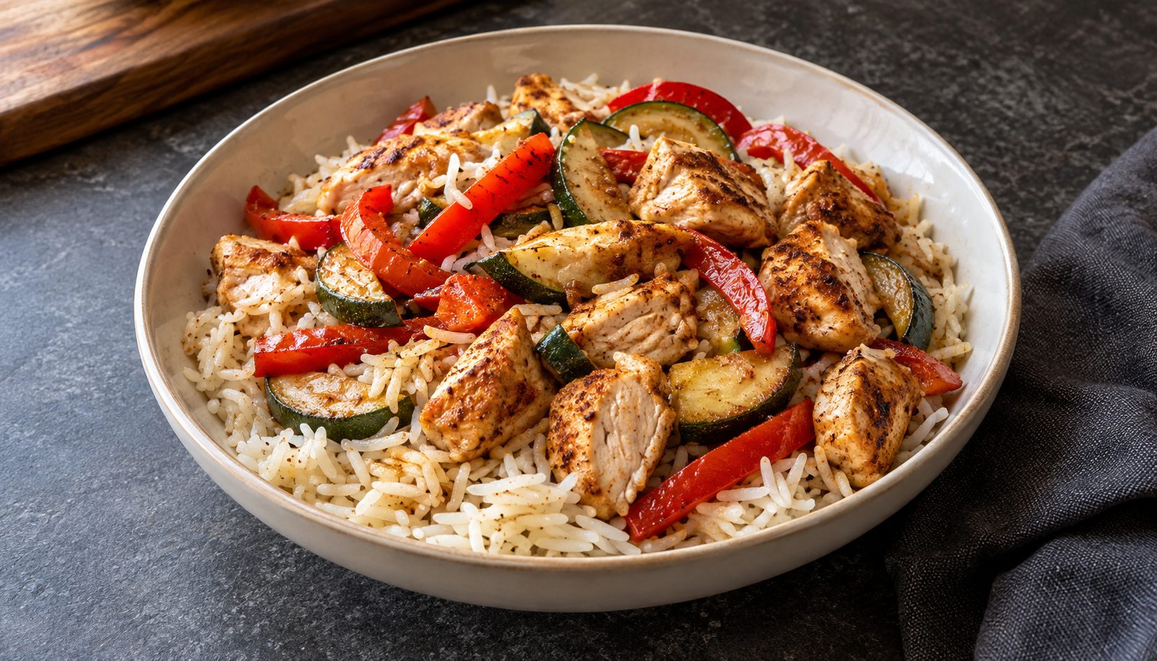 Paprika chicken, red bell pepper, and zucchini served over fluffy basmati rice
