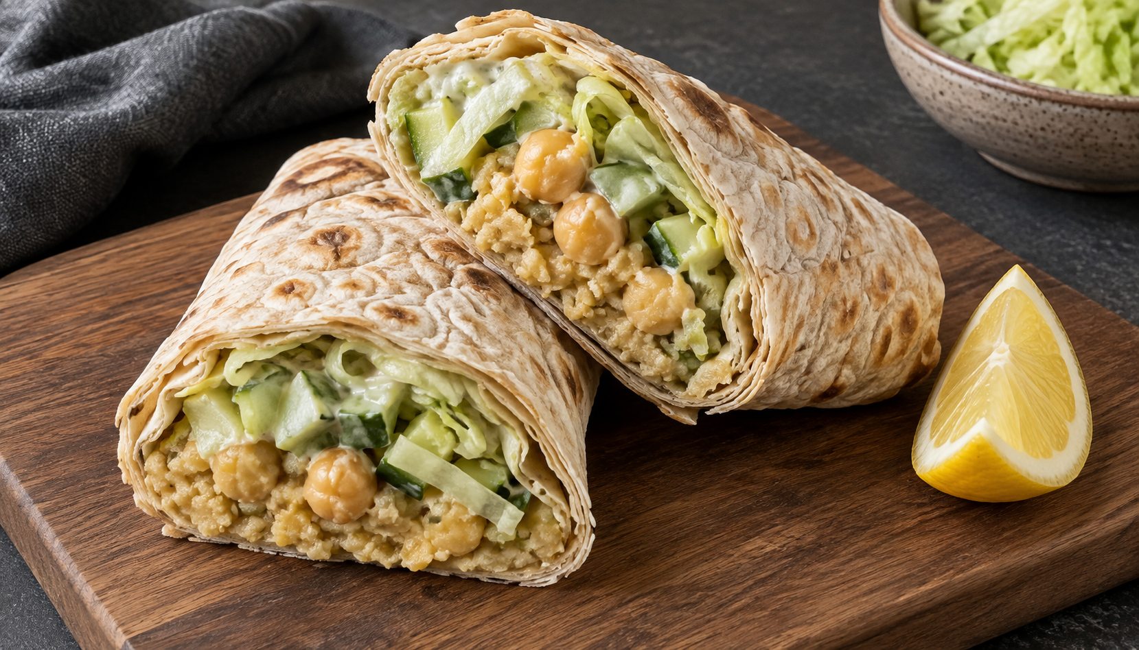 Thin lavash filled with mashed chickpeas, iceberg lettuce, cucumber, and yogurt dressing
