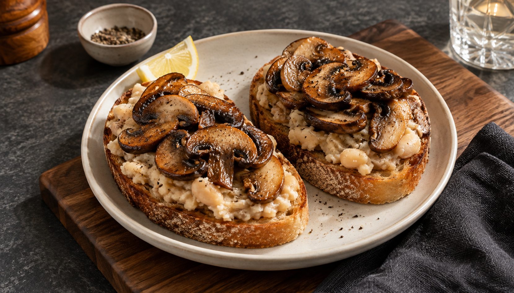 Sourdough toast topped with creamy white beans and golden pan-browned mushrooms