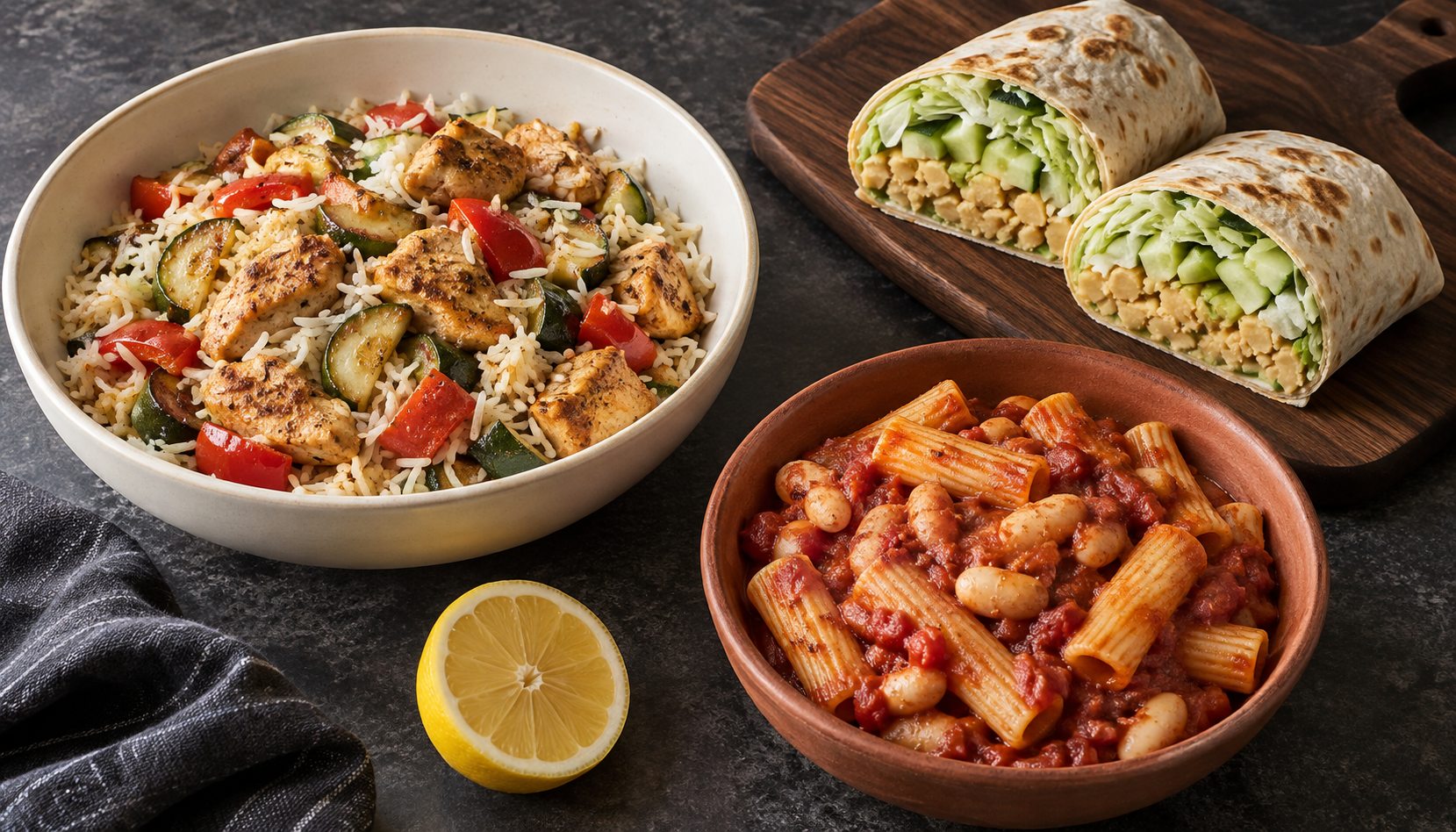 Chicken and basmati rice, chickpea lavash wraps, and tomato bean pasta arranged on a dark tabletop