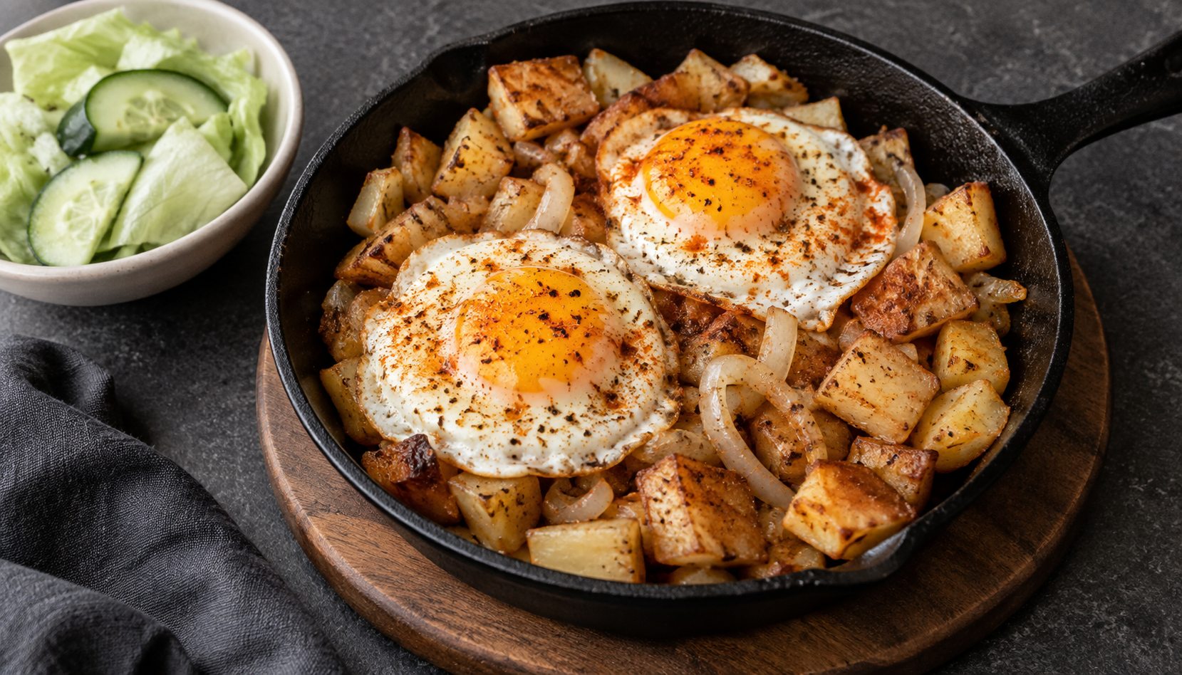 Golden potatoes and onions topped with two cooked eggs in a small cast-iron skillet