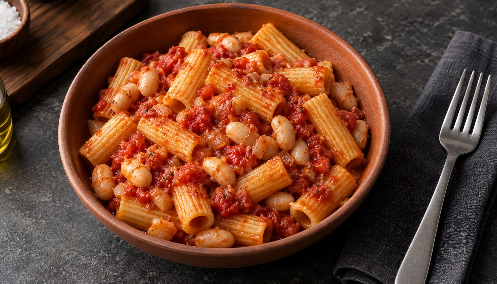 Rigatoni and cannellini beans coated in a chunky tomato sauce in a terracotta bowl